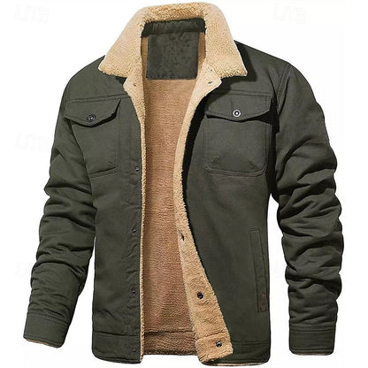Plush Lined Trucker Jacket with Adjustable Collar and Four Pockets
